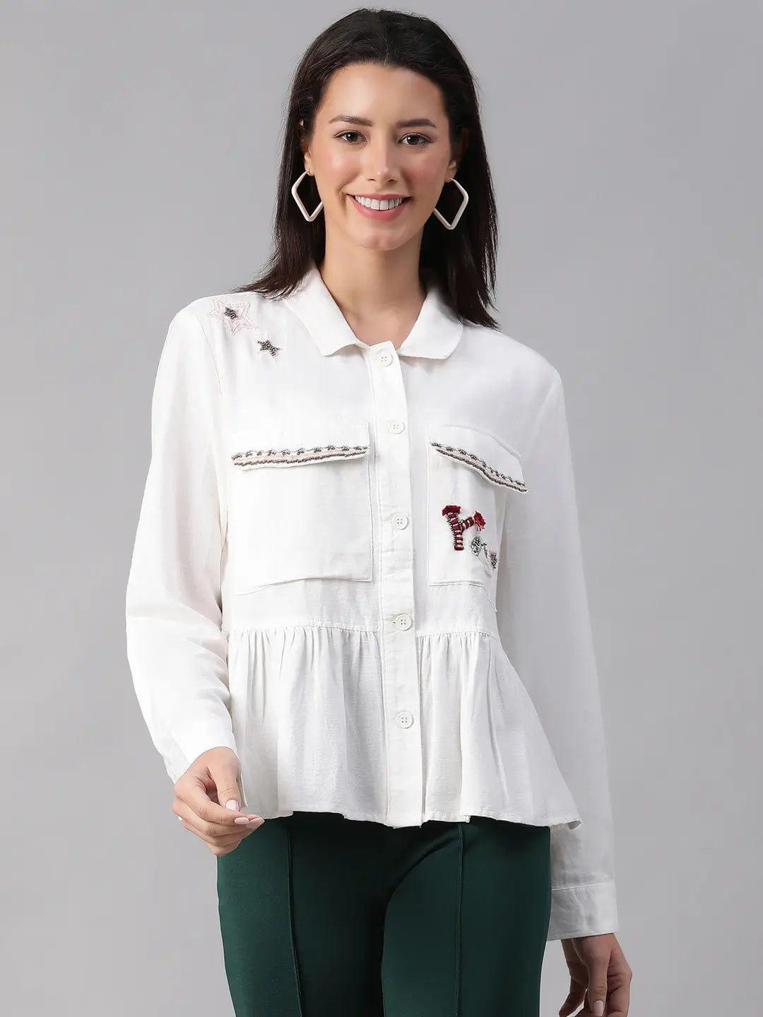 Women White Collared Long Sleeve Floral Embellished Buttoned Cotton Bomber Jacket