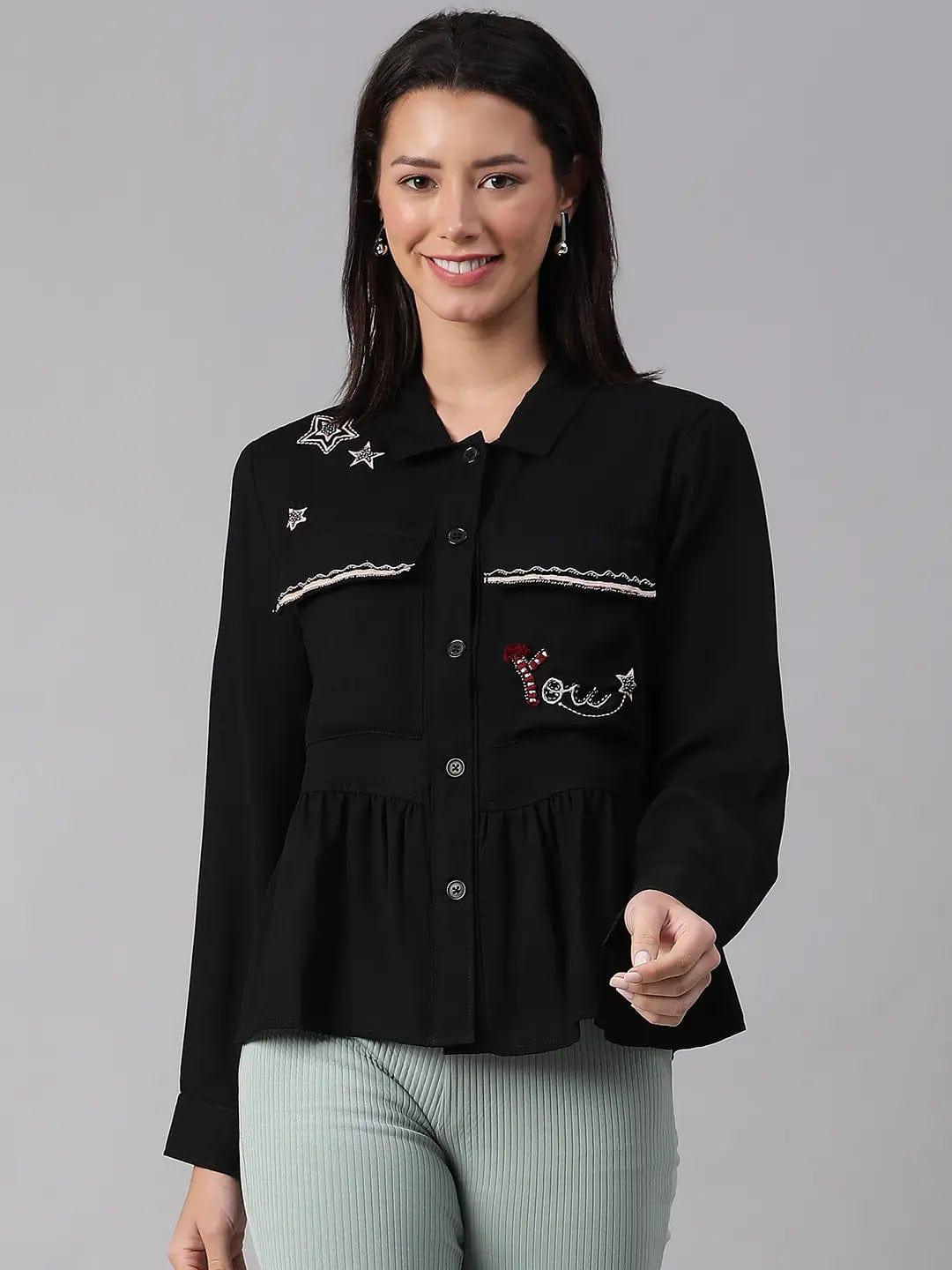 Women Black Collared Long Sleeve Floral Embellished Buttoned Cotton Bomber Jacket