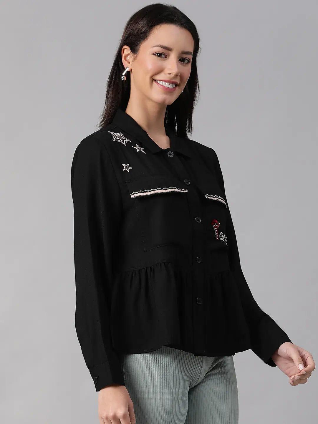 Women Black Collared Long Sleeve Floral Embellished Buttoned Cotton Bomber Jacket