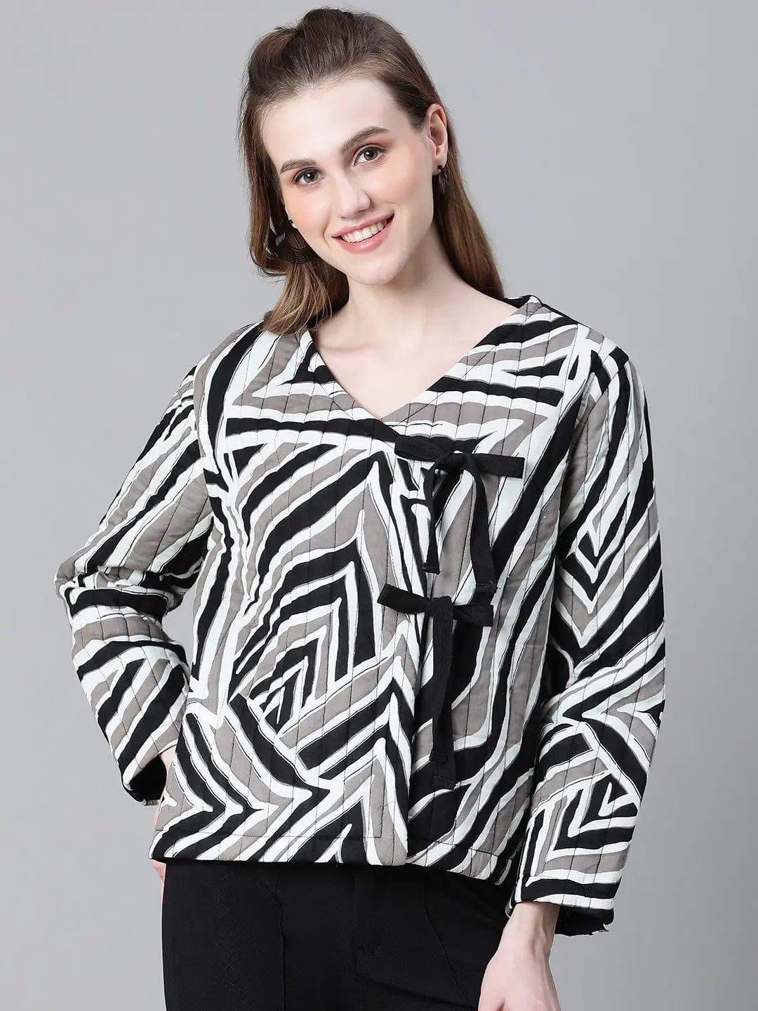 Women Black Printed V-Neck Tie-Knotted Cotton Bomber Jacket