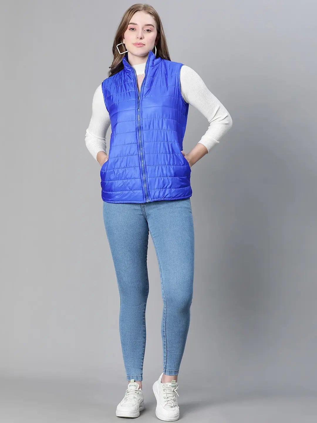 Women Soild Blue High Neck Zipped Sleevless Jacket