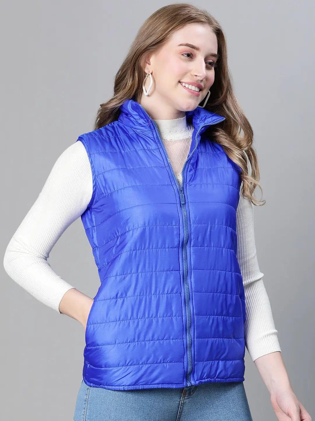 Women Soild Blue High Neck Zipped Sleevless Jacket