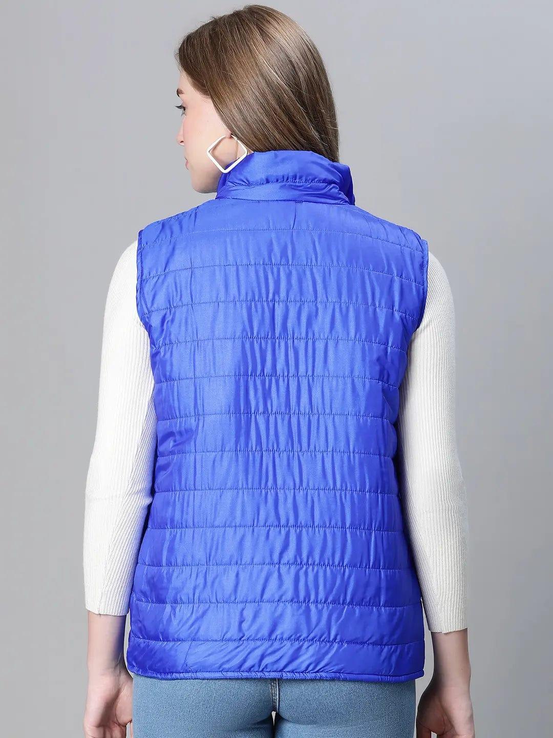 Women Soild Blue High Neck Zipped Sleevless Jacket