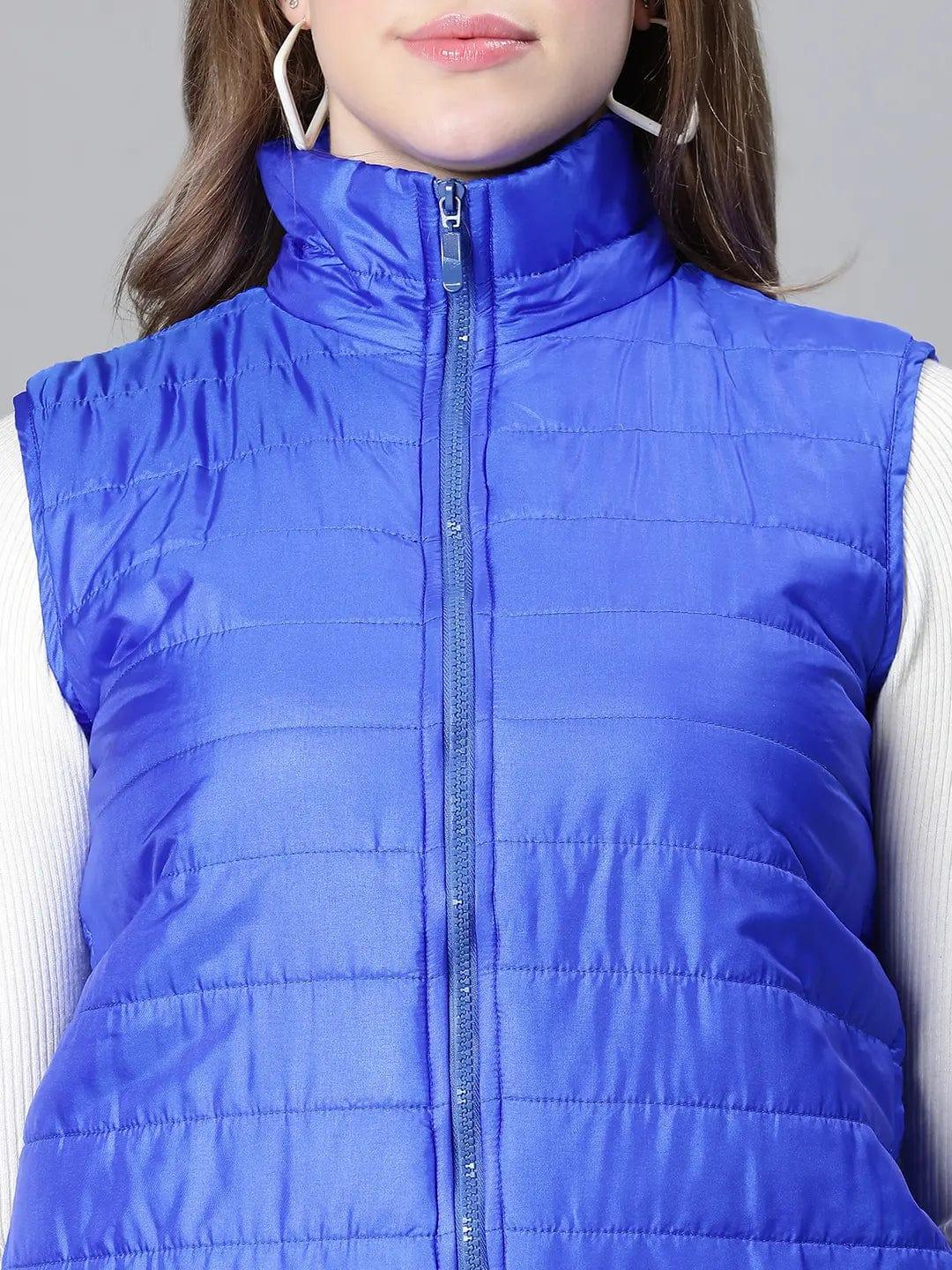 Women Soild Blue High Neck Zipped Sleevless Jacket