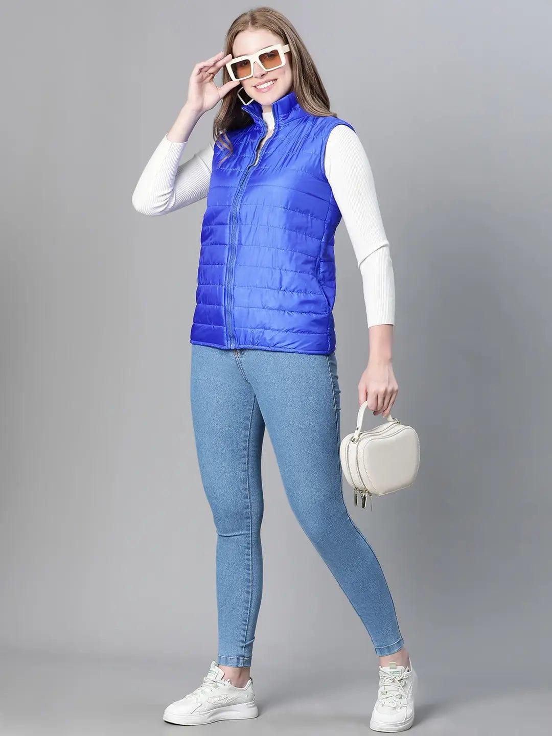 Women Soild Blue High Neck Zipped Sleevless Jacket