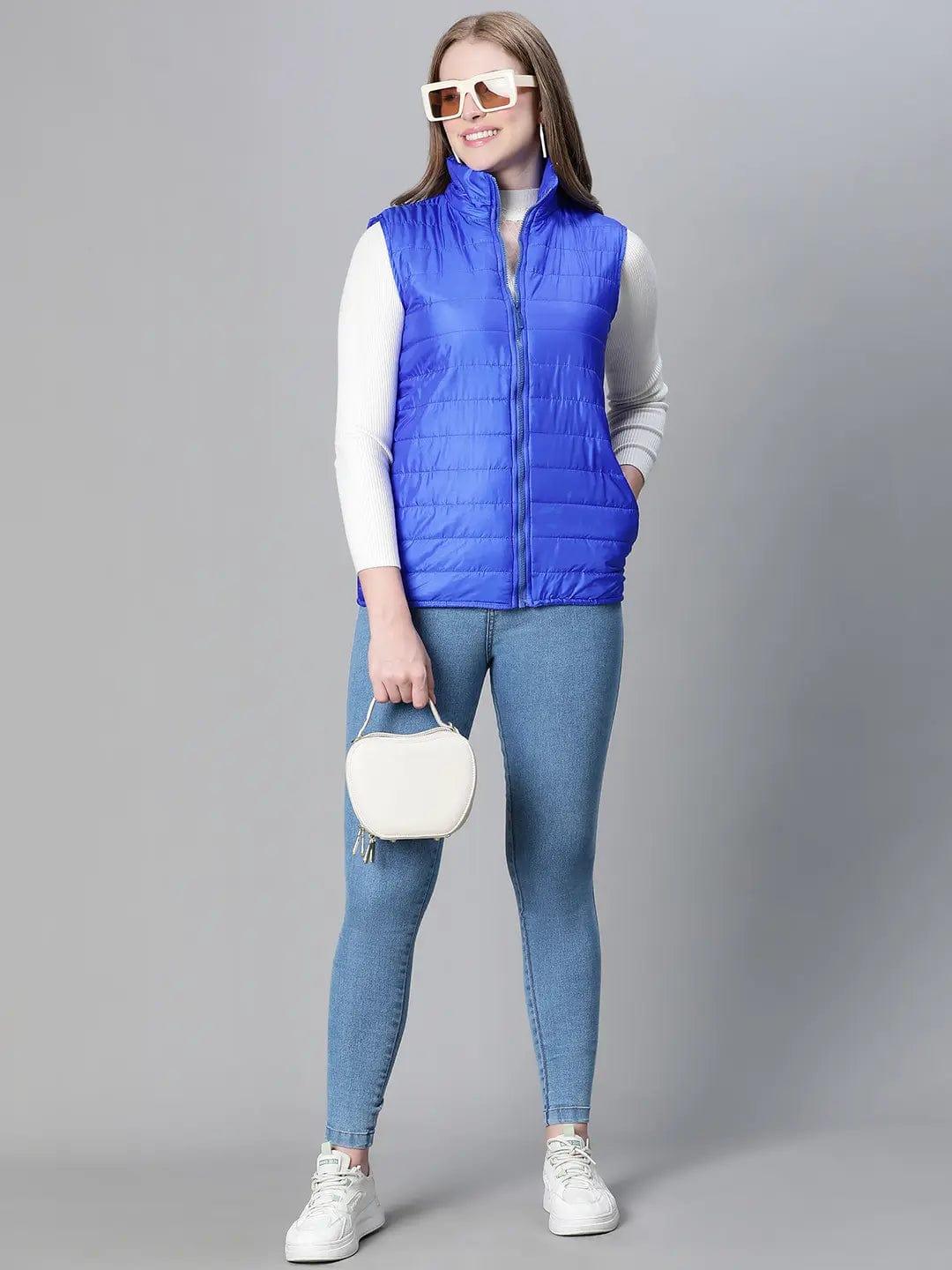 Women Soild Blue High Neck Zipped Sleevless Jacket