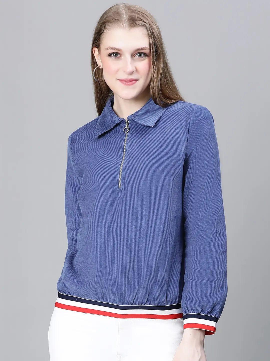 Women Blue Collared Zipped Long Sleeve Cotton Bomber Jacket