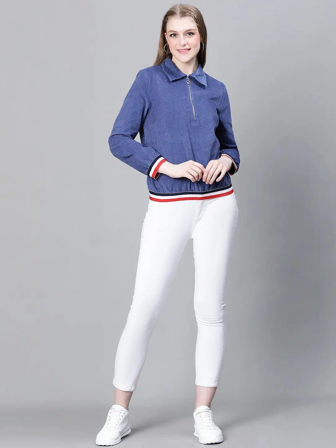 Women Blue Collared Zipped Long Sleeve Cotton Bomber Jacket