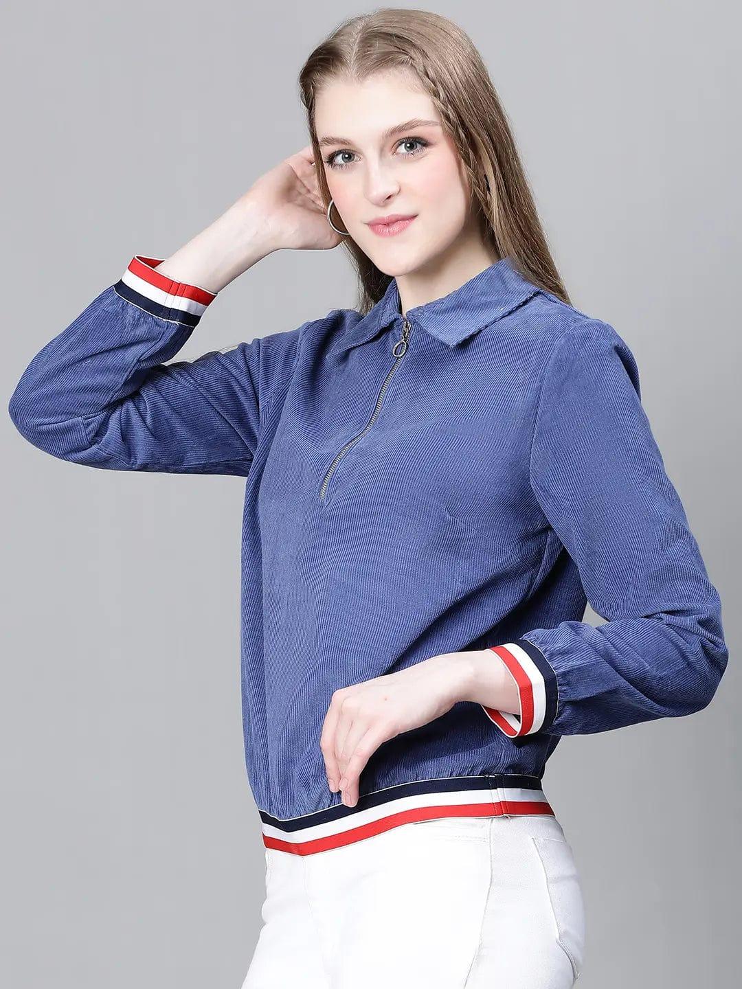 Women Blue Collared Zipped Long Sleeve Cotton Bomber Jacket