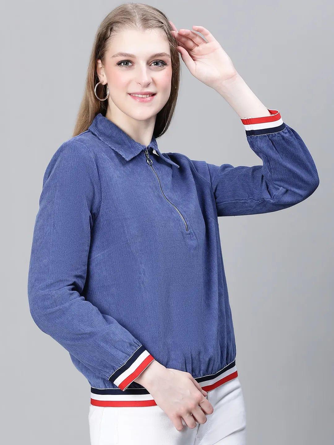 Women Blue Collared Zipped Long Sleeve Cotton Bomber Jacket