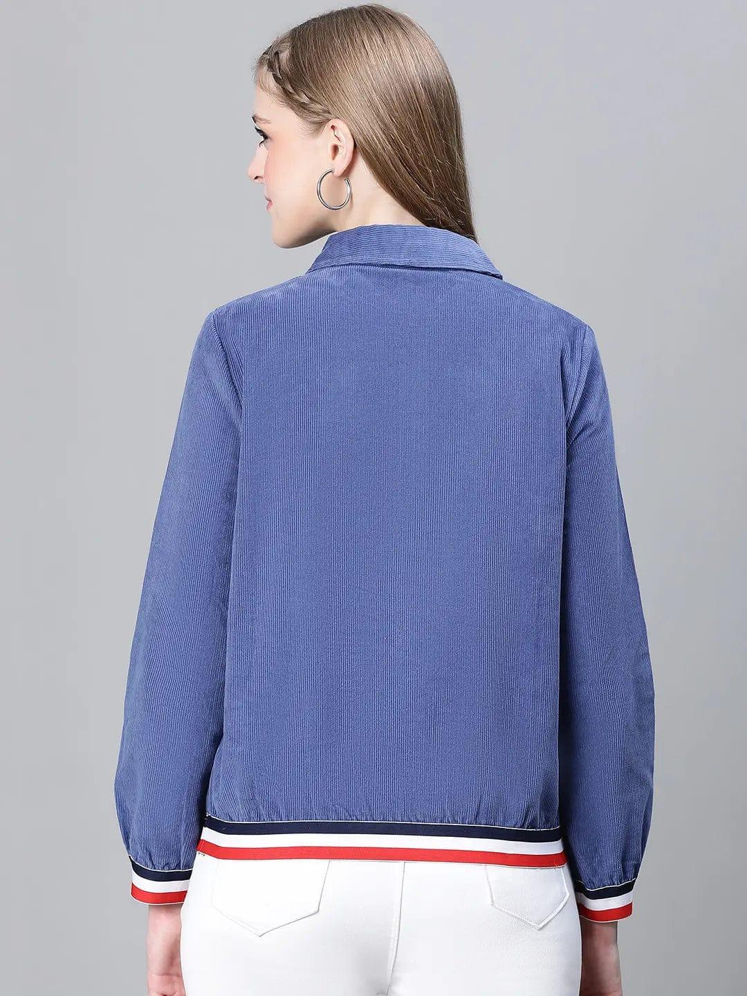 Women Blue Collared Zipped Long Sleeve Cotton Bomber Jacket