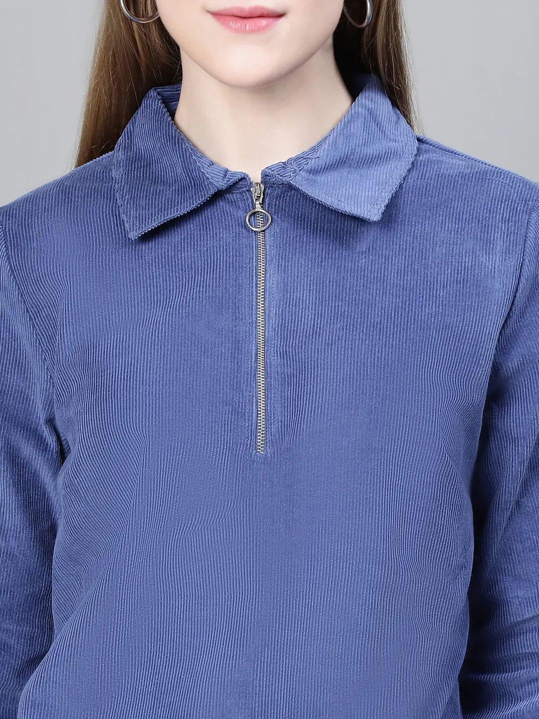 Women Blue Collared Zipped Long Sleeve Cotton Bomber Jacket