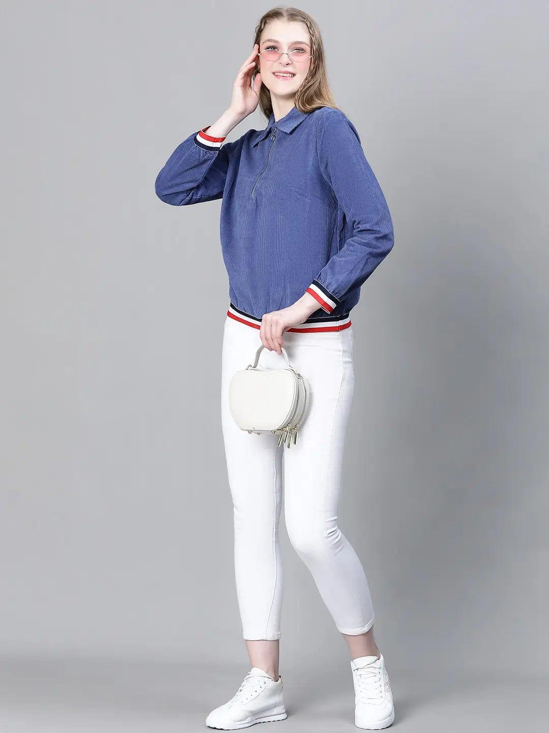 Women Blue Collared Zipped Long Sleeve Cotton Bomber Jacket