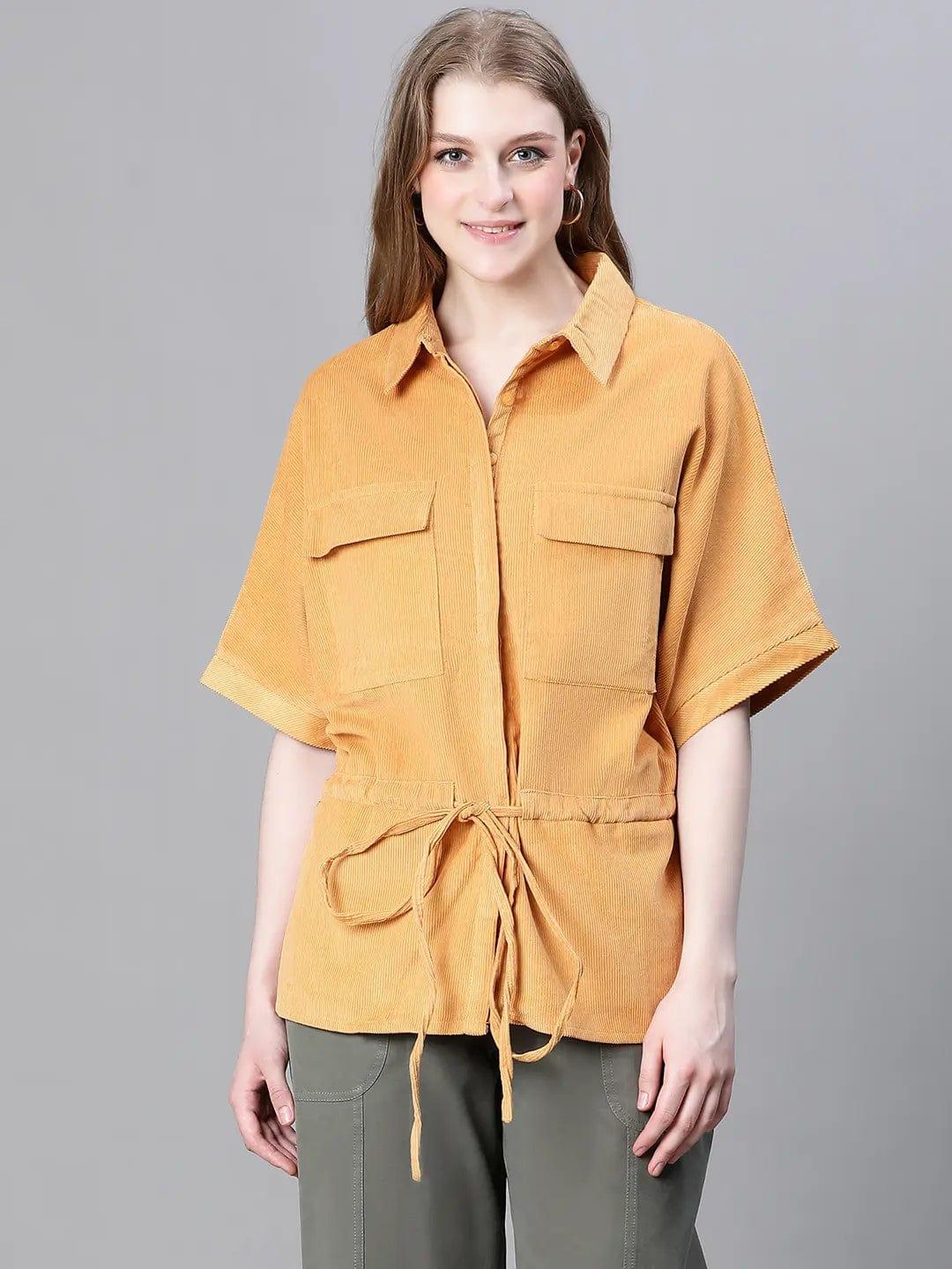 Women Soild Mustard Collared Short Sleeve Elastiacted Tie-Up Jacket