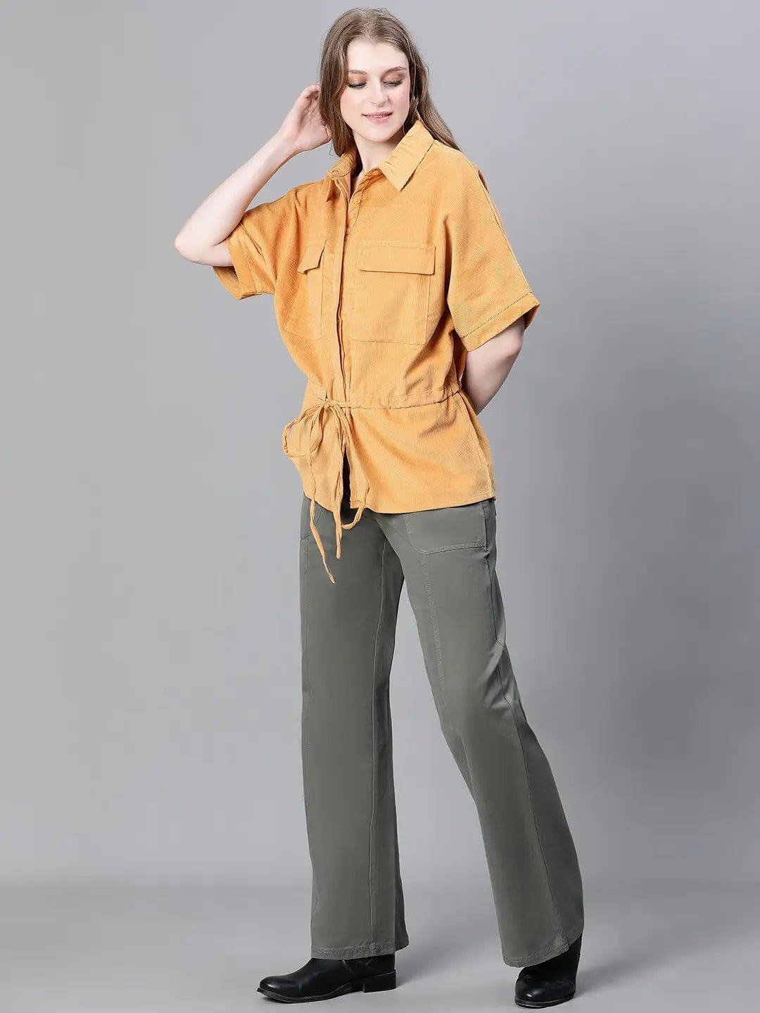 Women Soild Mustard Collared Short Sleeve Elastiacted Tie-Up Jacket