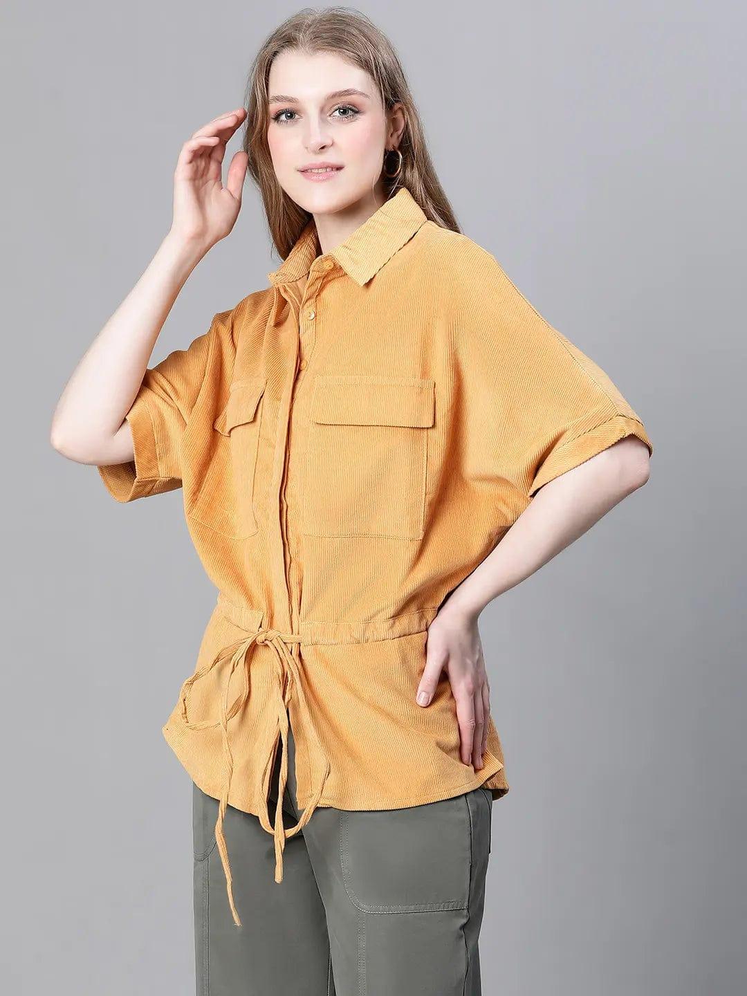 Women Soild Mustard Collared Short Sleeve Elastiacted Tie-Up Jacket