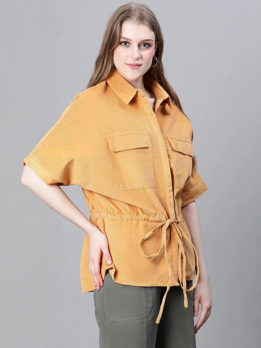 Women Soild Mustard Collared Short Sleeve Elastiacted Tie-Up Jacket