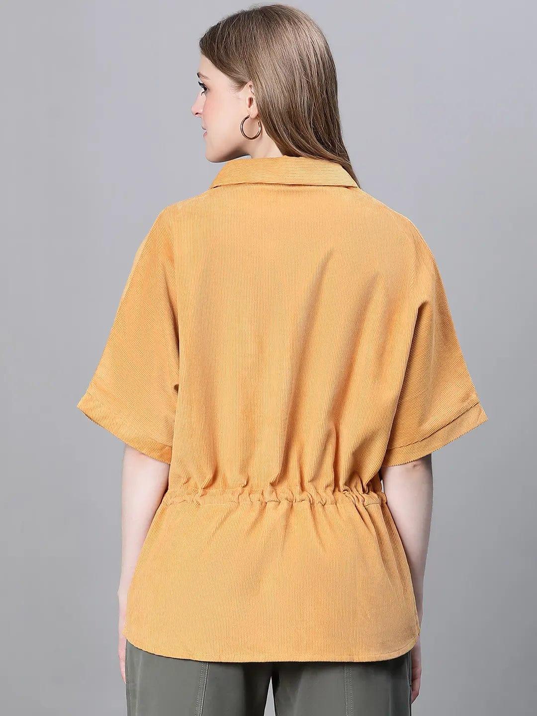 Women Soild Mustard Collared Short Sleeve Elastiacted Tie-Up Jacket