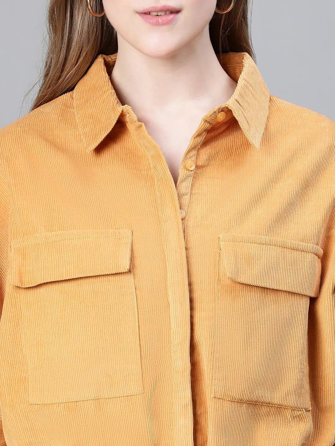 Women Soild Mustard Collared Short Sleeve Elastiacted Tie-Up Jacket