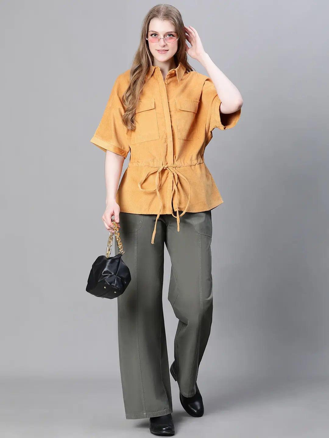 Women Soild Mustard Collared Short Sleeve Elastiacted Tie-Up Jacket