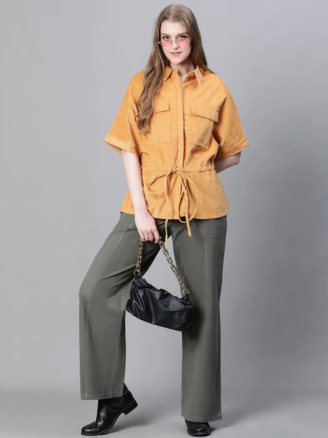 Women Soild Mustard Collared Short Sleeve Elastiacted Tie-Up Jacket