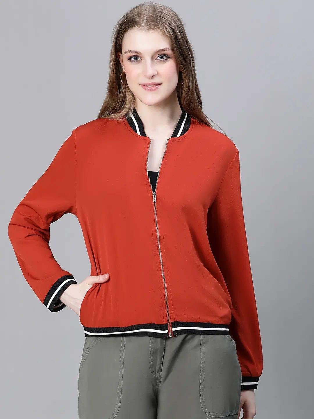 Women Rust V-Neck Zip Lined Long Sleeve Bomber Jacket