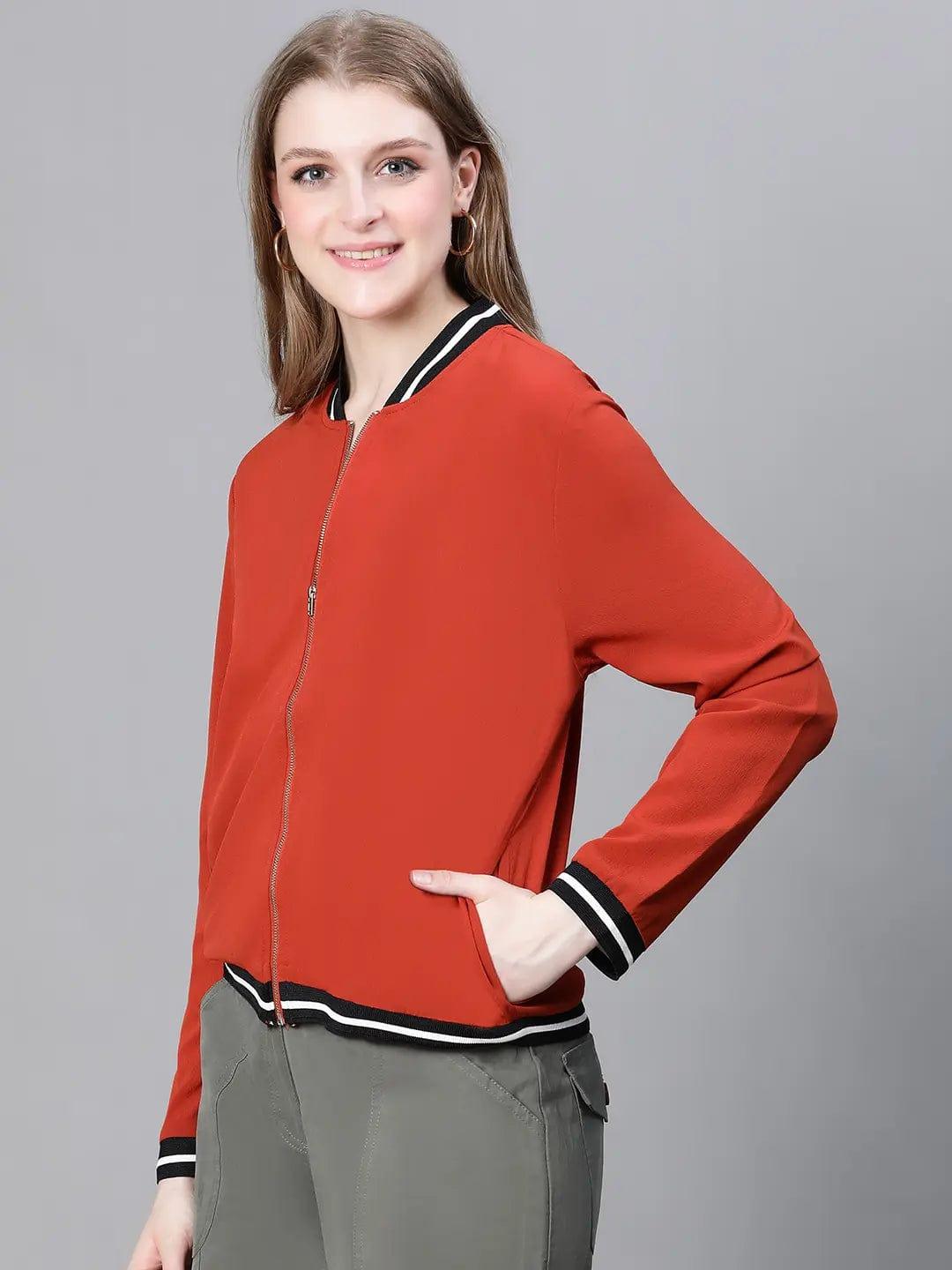 Women Rust V-Neck Zip Lined Long Sleeve Bomber Jacket