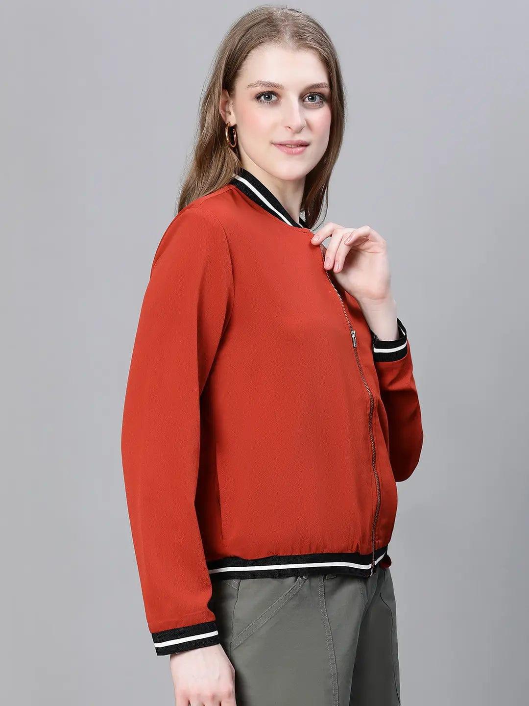 Women Rust V-Neck Zip Lined Long Sleeve Bomber Jacket