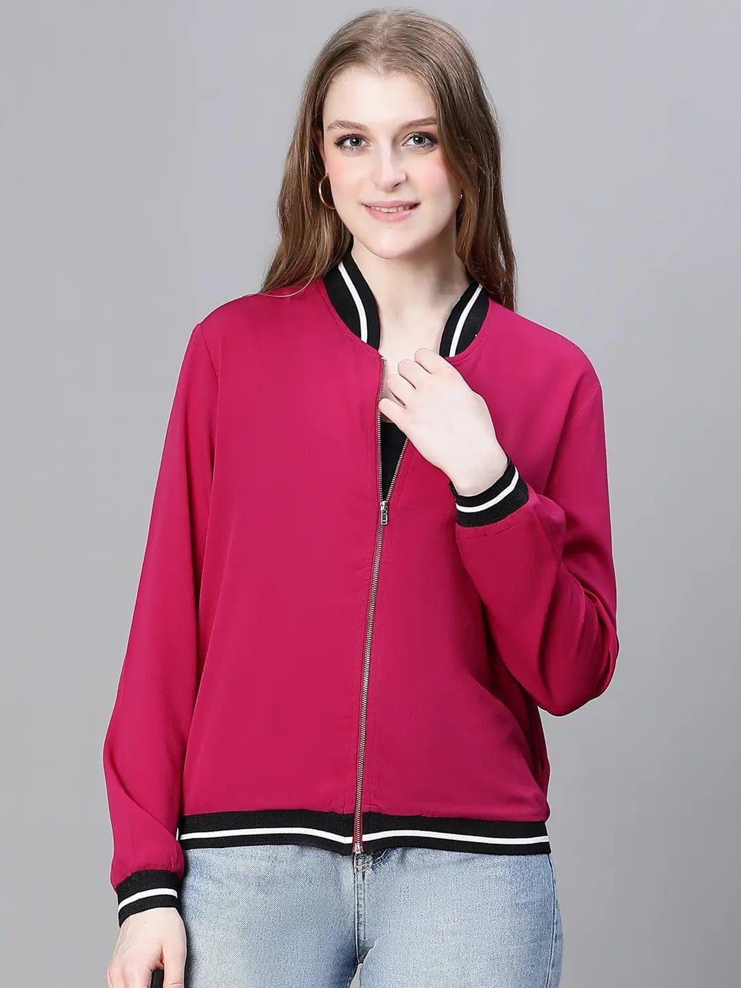 Women Marron V-Neck Zip Lined Long Sleeve Bomber Jacket