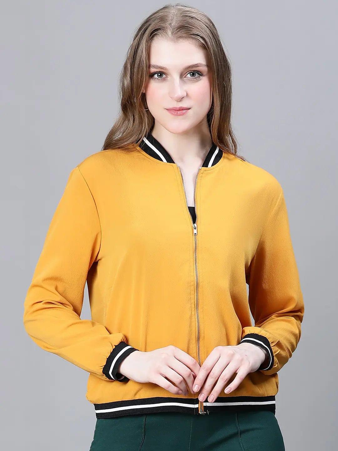 Women Mustard V-Neck Zip Lined Long Sleeve Bomber Jacket