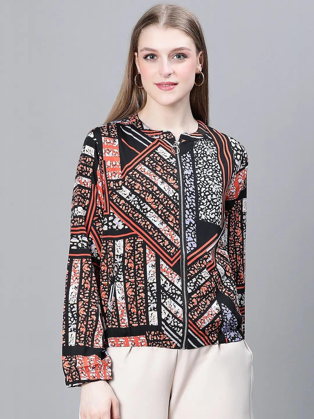 Women Multicolor Printed Round Neck Zipped Long Sleeve Bomber Jacket