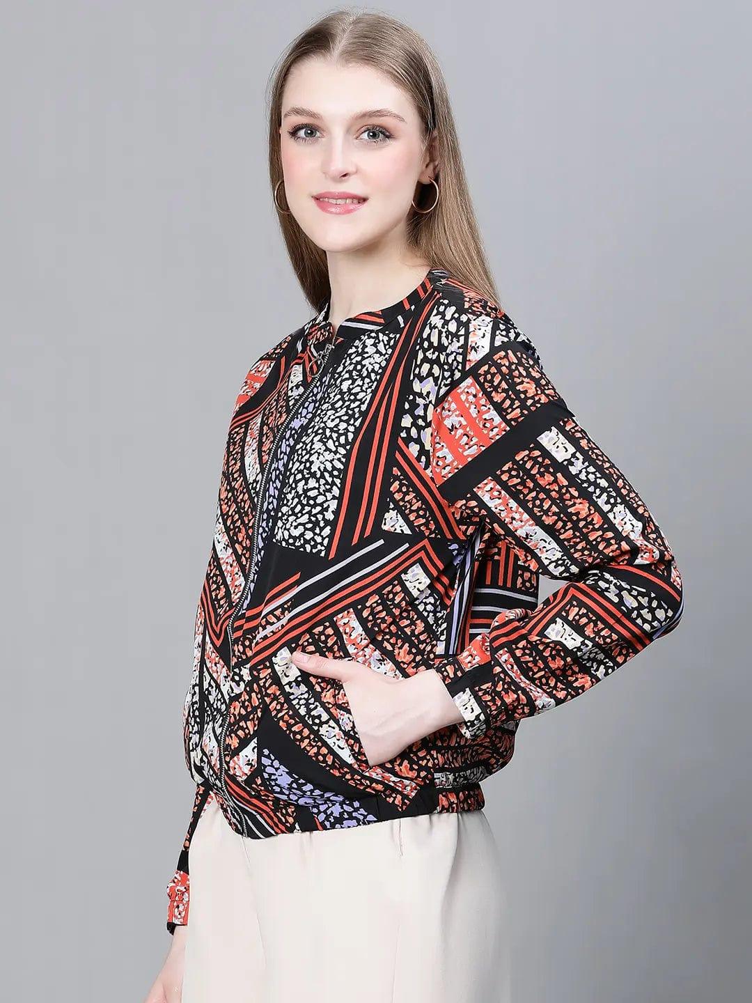 Women Multicolor Printed Round Neck Zipped Long Sleeve Bomber Jacket