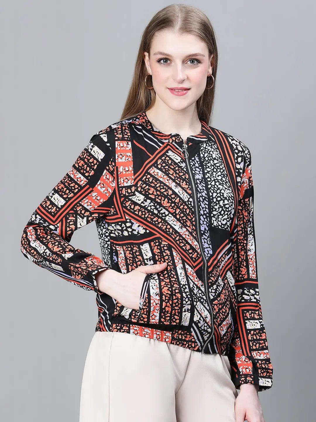 Women Multicolor Printed Round Neck Zipped Long Sleeve Bomber Jacket