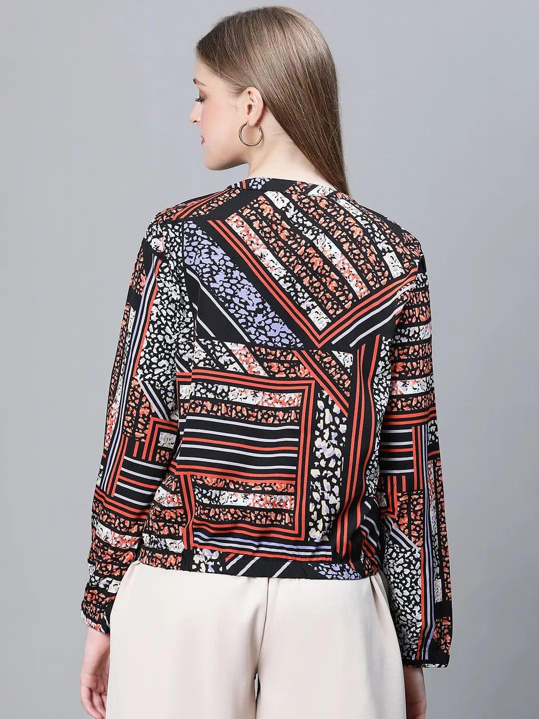 Women Multicolor Printed Round Neck Zipped Long Sleeve Bomber Jacket