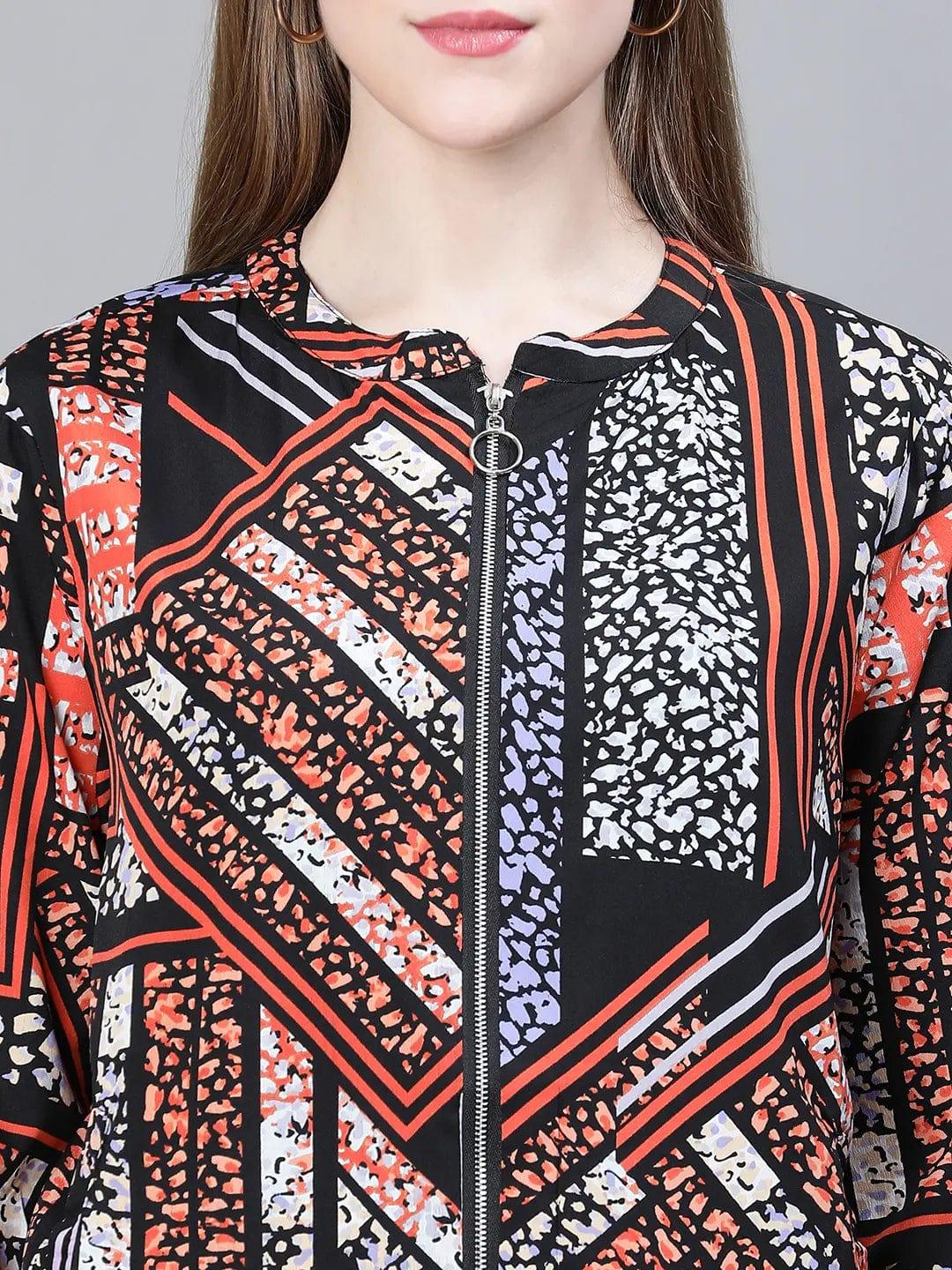 Women Multicolor Printed Round Neck Zipped Long Sleeve Bomber Jacket