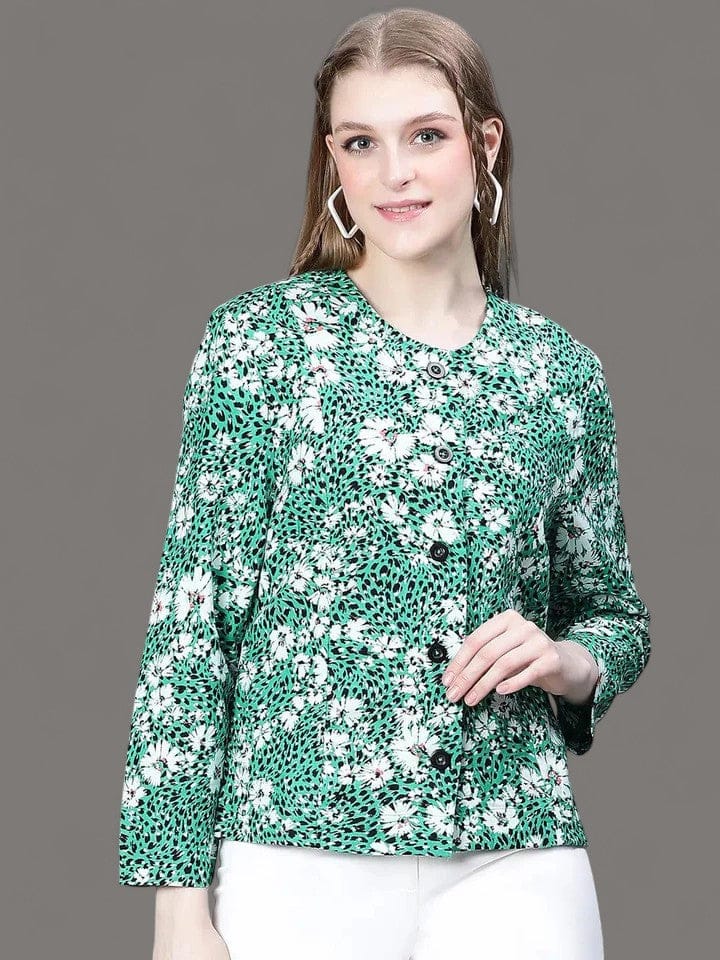 Multicolor Green Floral Cotton Bomber Jacket