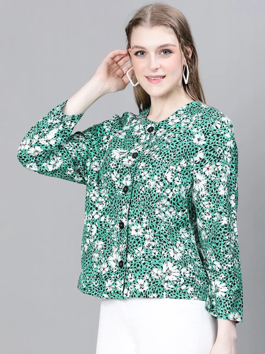 Women Green Multicolor Floral Print Round Neck Buttoned Long Sleeve Cotton Bomber Jacket