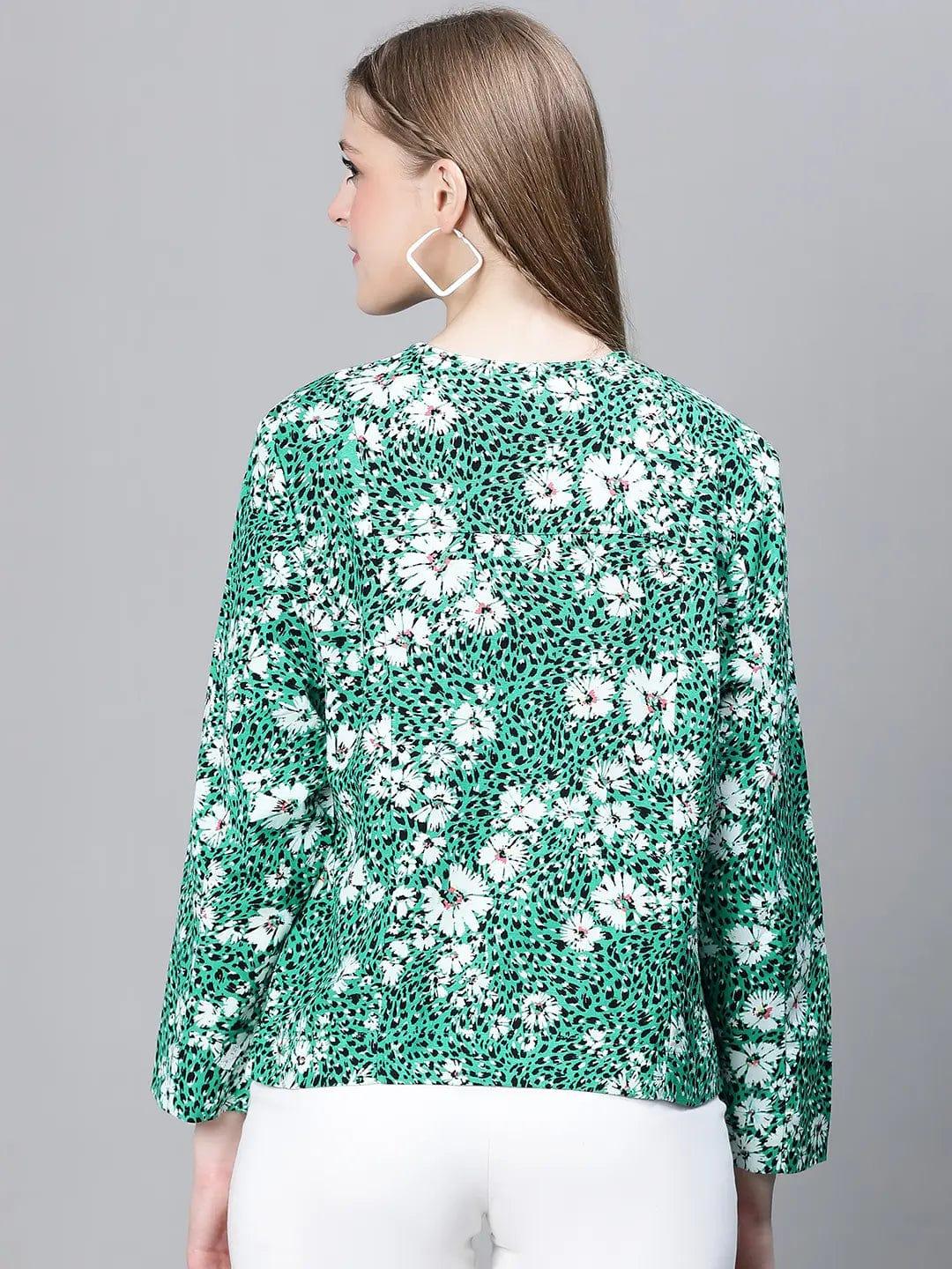 Women Green Multicolor Floral Print Round Neck Buttoned Long Sleeve Cotton Bomber Jacket