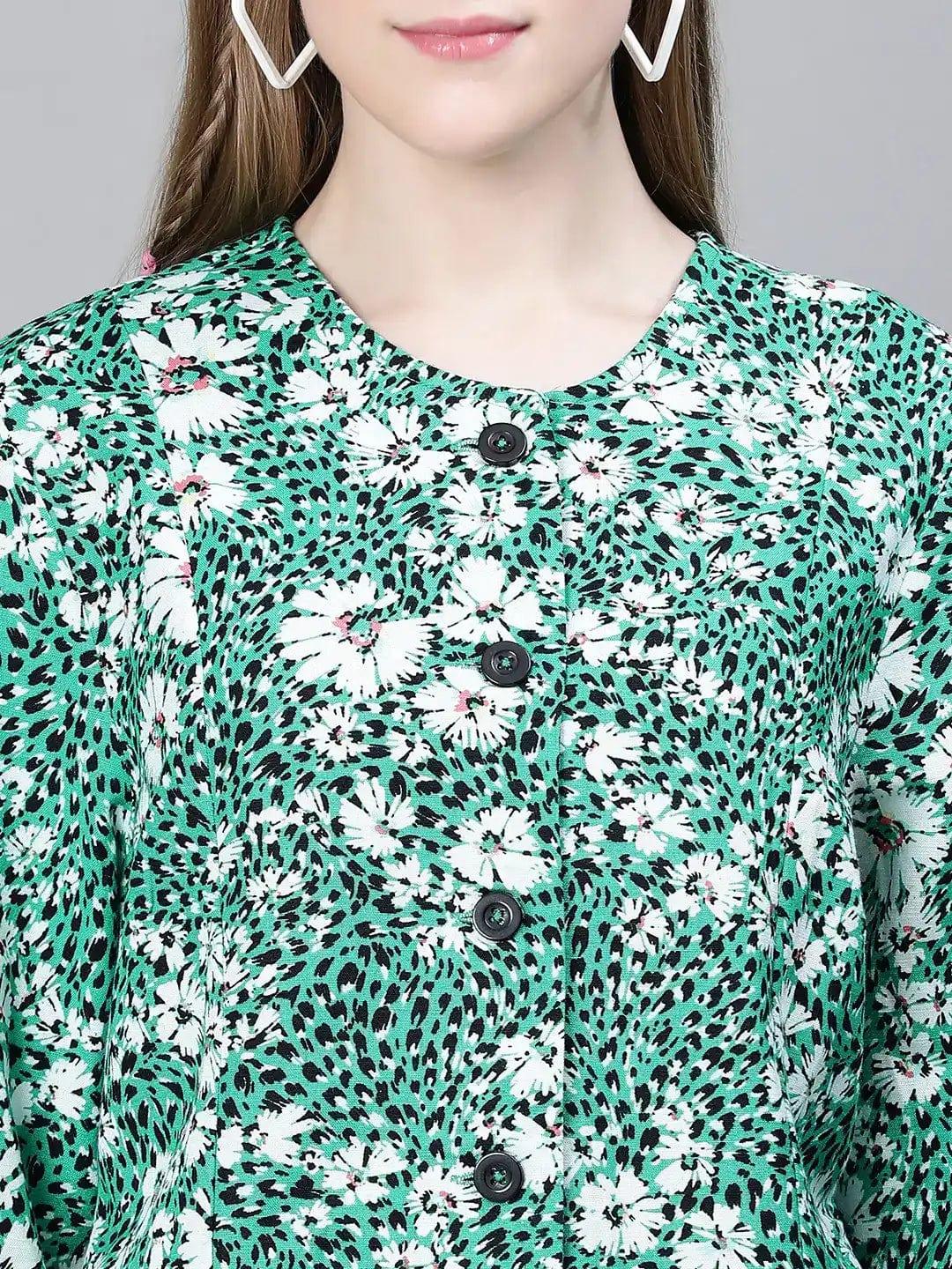 Women Green Multicolor Floral Print Round Neck Buttoned Long Sleeve Cotton Bomber Jacket