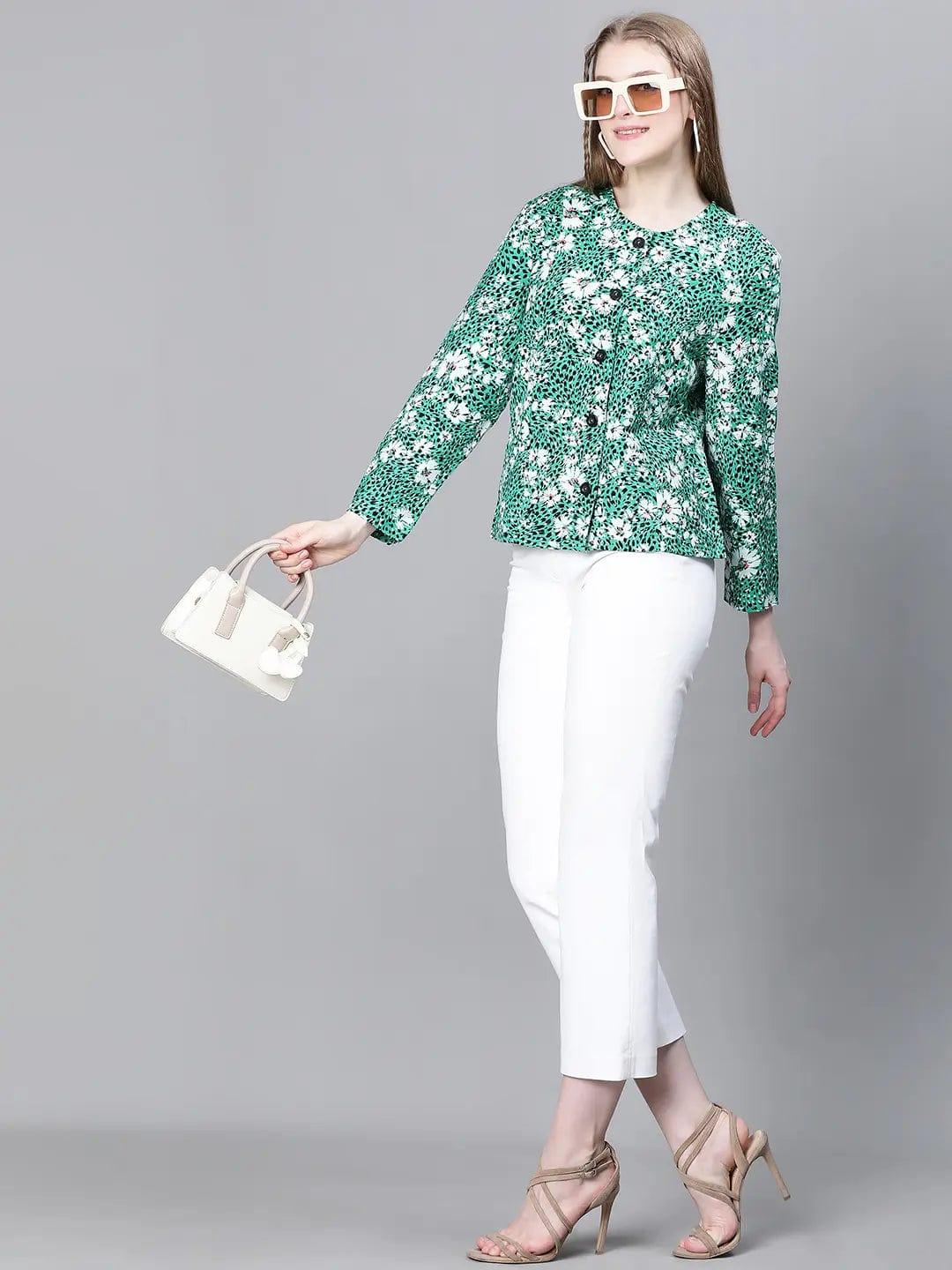 Women Green Multicolor Floral Print Round Neck Buttoned Long Sleeve Cotton Bomber Jacket