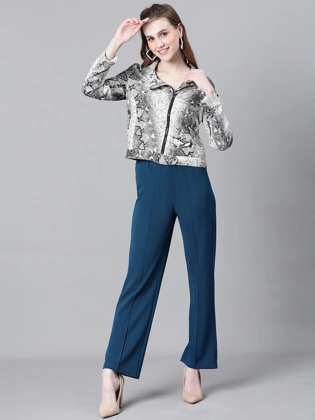 Women Multicolor Animal Print Open Collared Zip Lined Long Sleeve Bomber Jacket