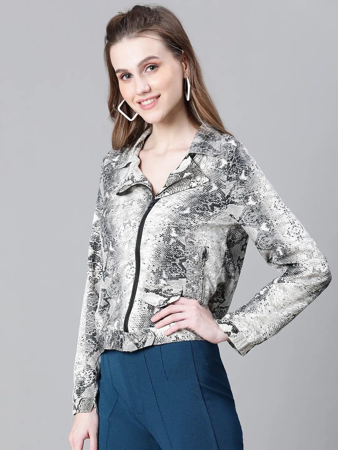 Women Multicolor Animal Print Open Collared Zip Lined Long Sleeve Bomber Jacket