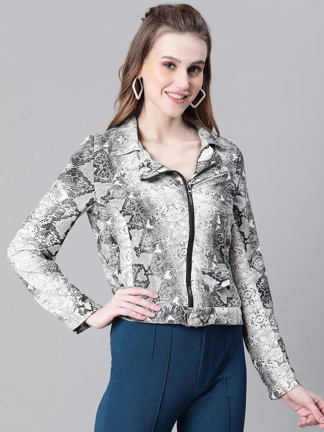 Women Multicolor Animal Print Open Collared Zip Lined Long Sleeve Bomber Jacket