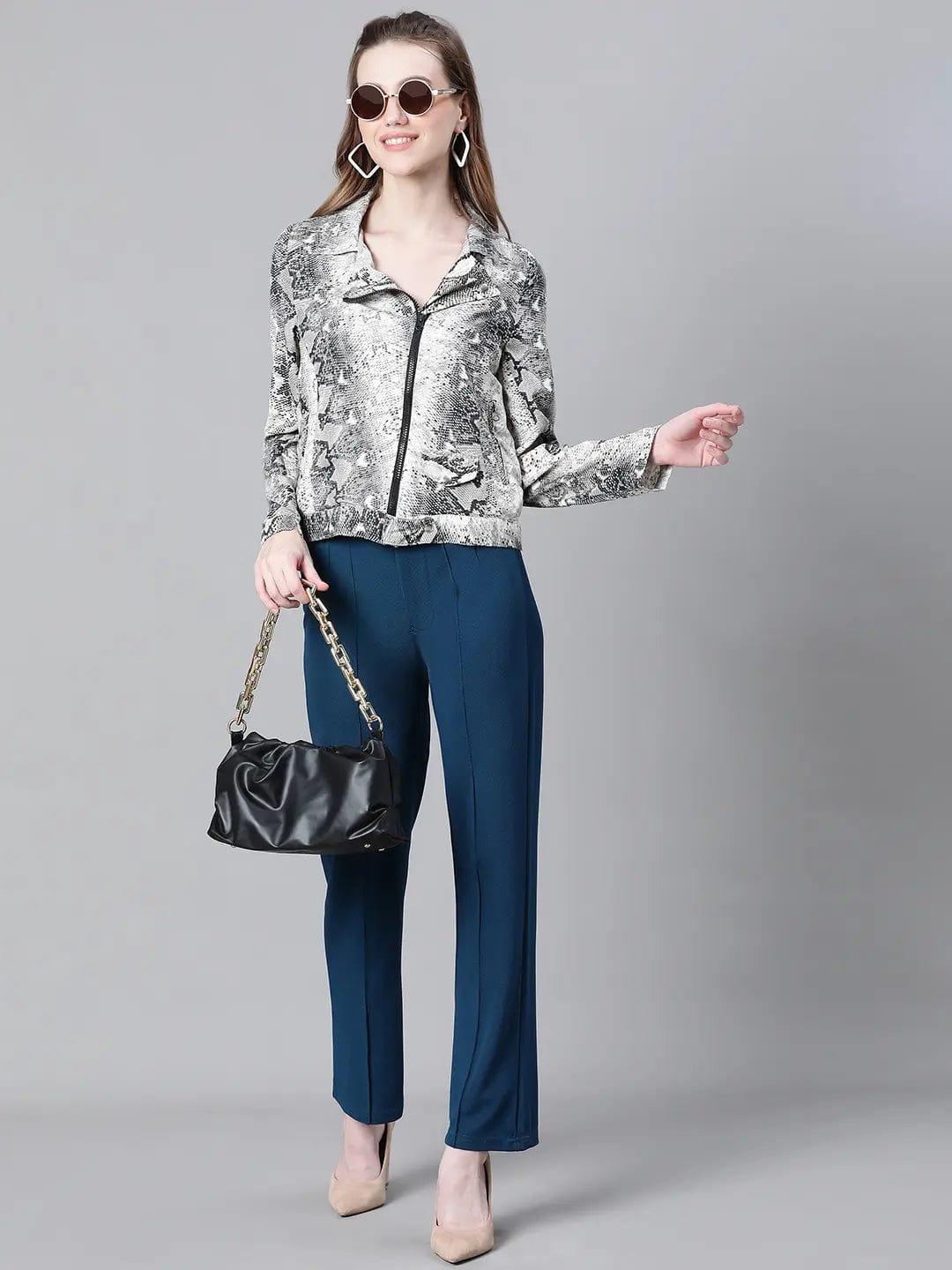 Women Multicolor Animal Print Open Collared Zip Lined Long Sleeve Bomber Jacket