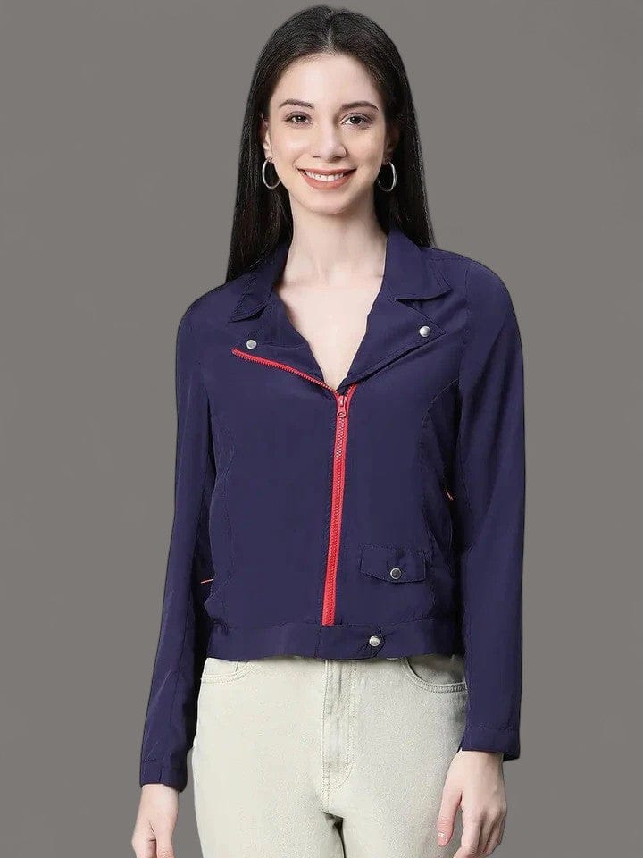 Women Navy Blue Open Collared Zip Lined Long Sleeve Bomber Jacket