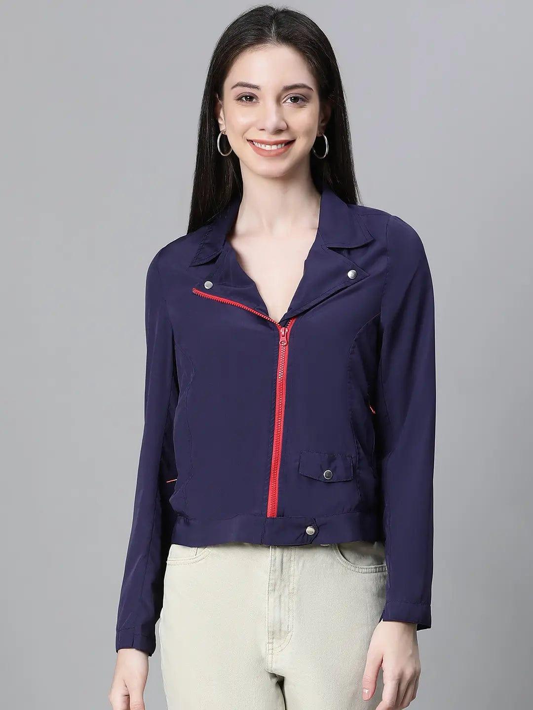 Women Navy Blue Open Collared Zip Lined Long Sleeve Bomber Jacket