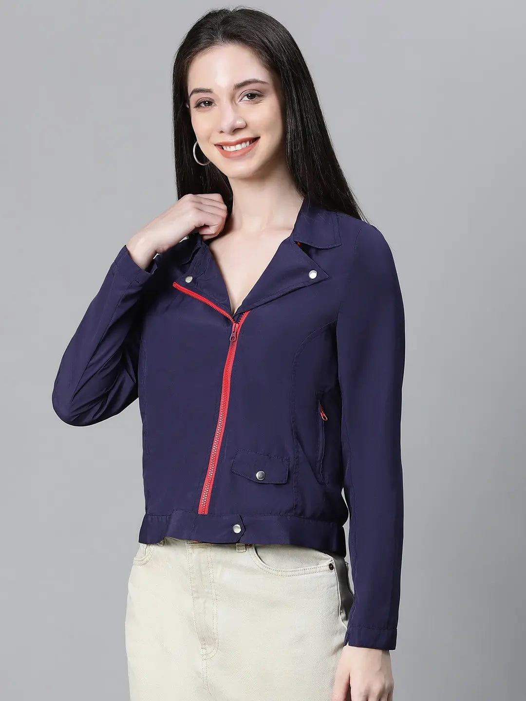 Women Navy Blue Open Collared Zip Lined Long Sleeve Bomber Jacket