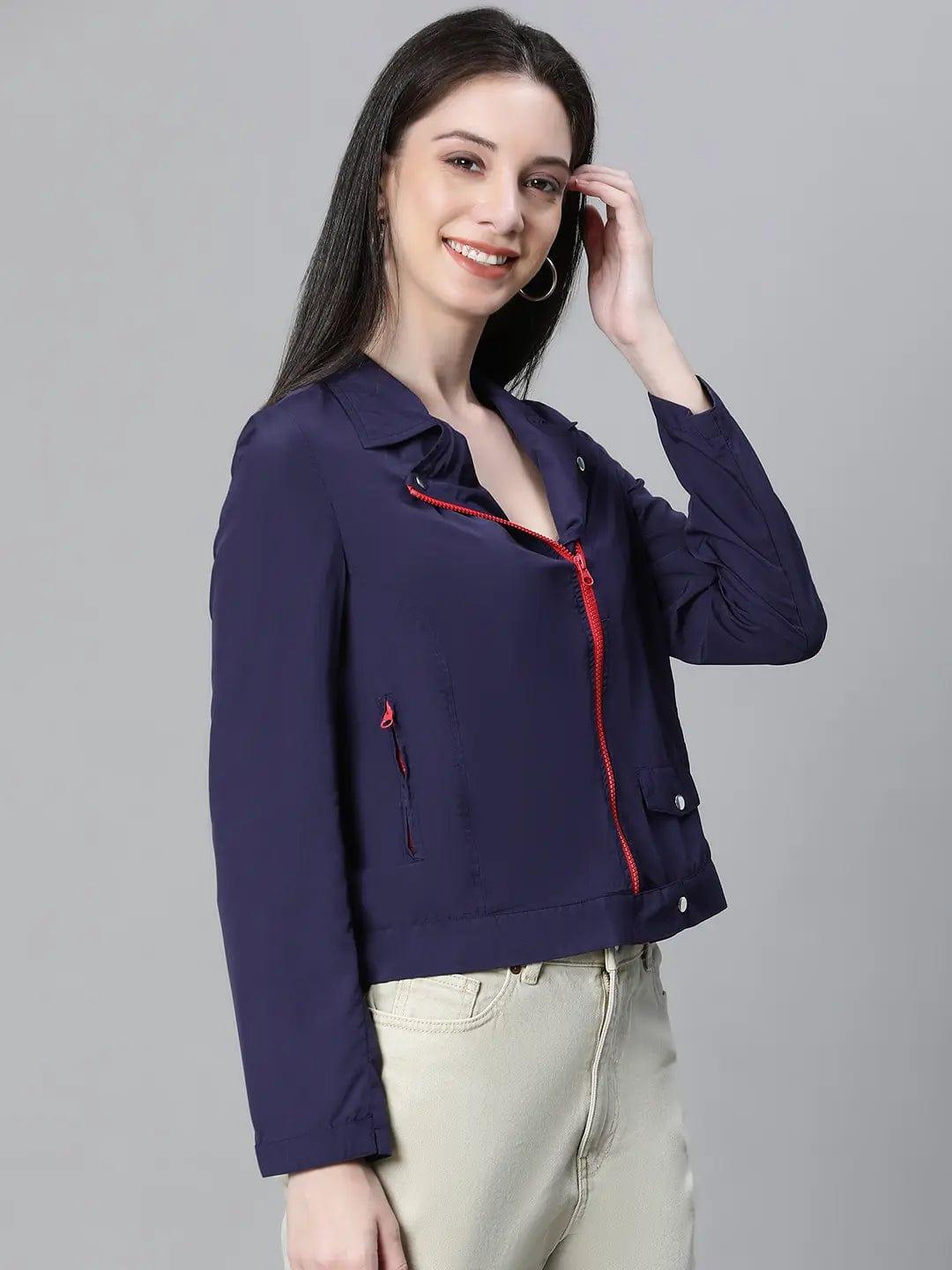 Women Navy Blue Open Collared Zip Lined Long Sleeve Bomber Jacket