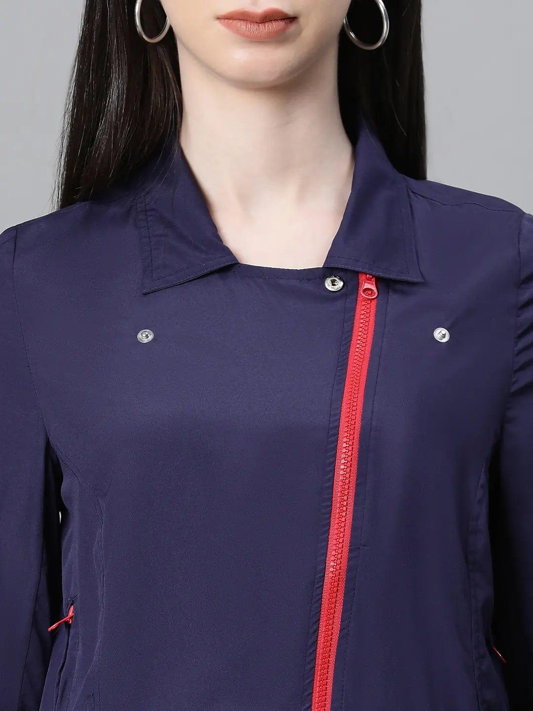 Women Navy Blue Open Collared Zip Lined Long Sleeve Bomber Jacket