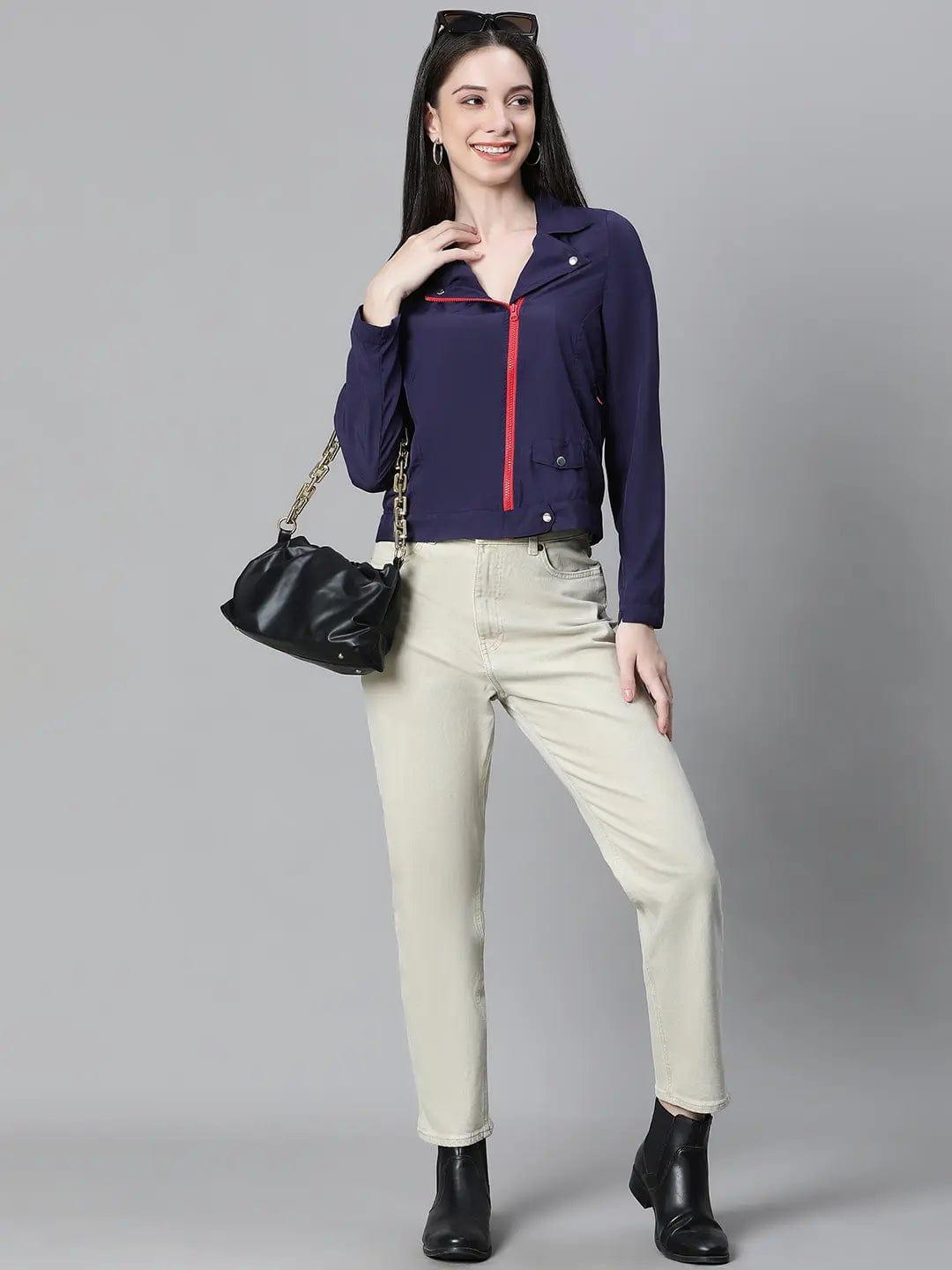 Women Navy Blue Open Collared Zip Lined Long Sleeve Bomber Jacket